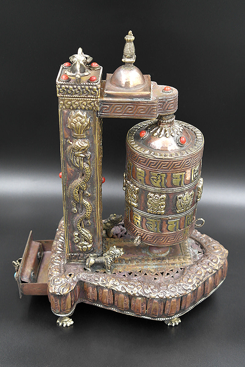 Tibetan Prayer Wheel with Eight Auspicious symbols in Stupa Frame