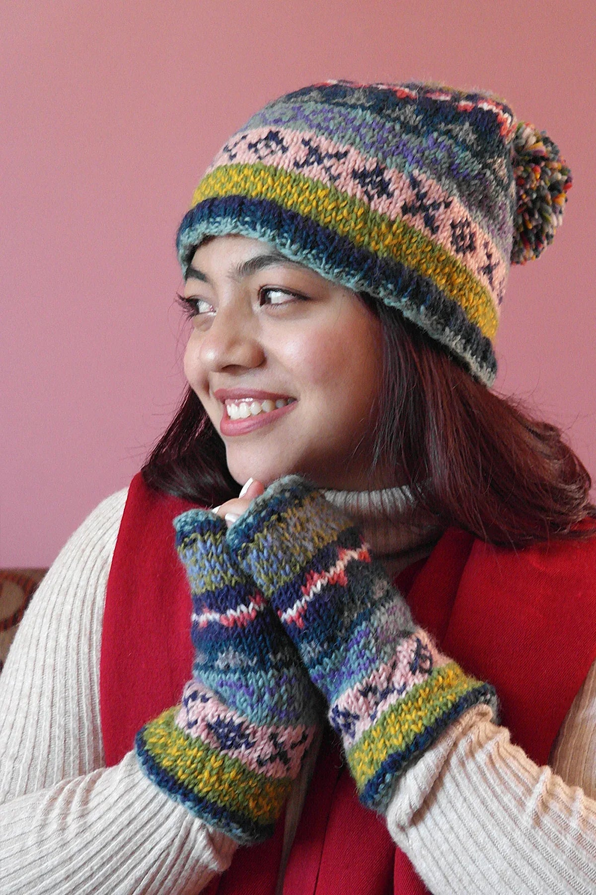 Blue Pink mixed colors Womens Winter Warm Pom Pom Beanie Hat - Vajracrafts