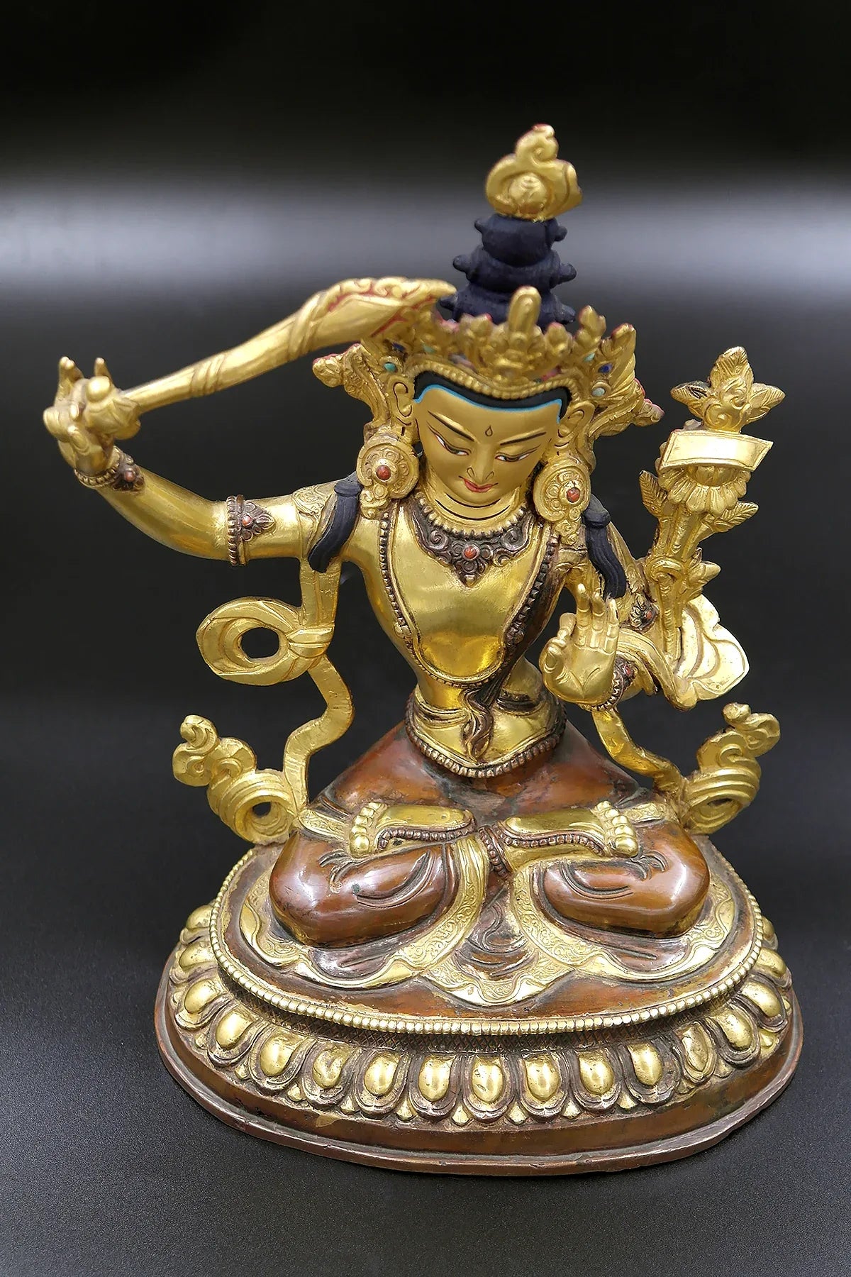 Partly Gold Plated Tibetan Buddhist Manjushree Statue from Nepal 9" - Vajracrafts