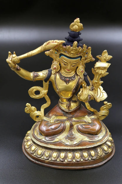 Partly Gold Plated Tibetan Buddhist Manjushree Statue from Nepal 9" - Vajracrafts