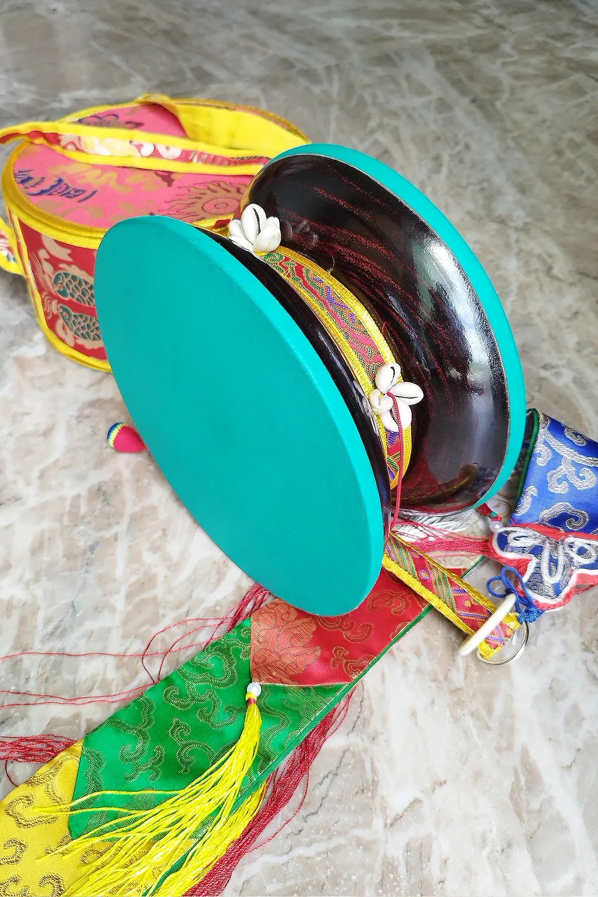 Tibetan Buddhist Ritual Chod Drum/Damaru with Yellow Brocade Cover - Vajracrafts
