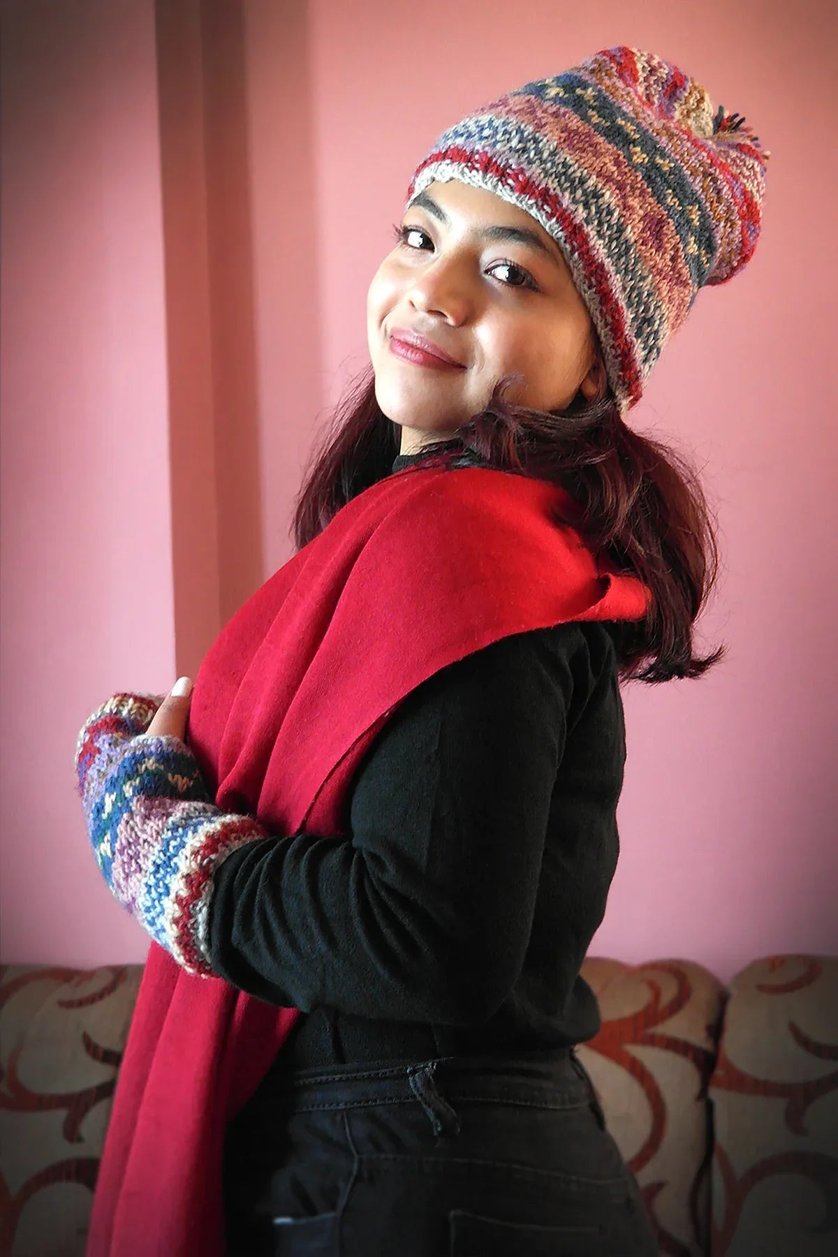 Womens Knit Winter Warm Pom Pom Beanie Hat Grey Blue mixed - Vajracrafts