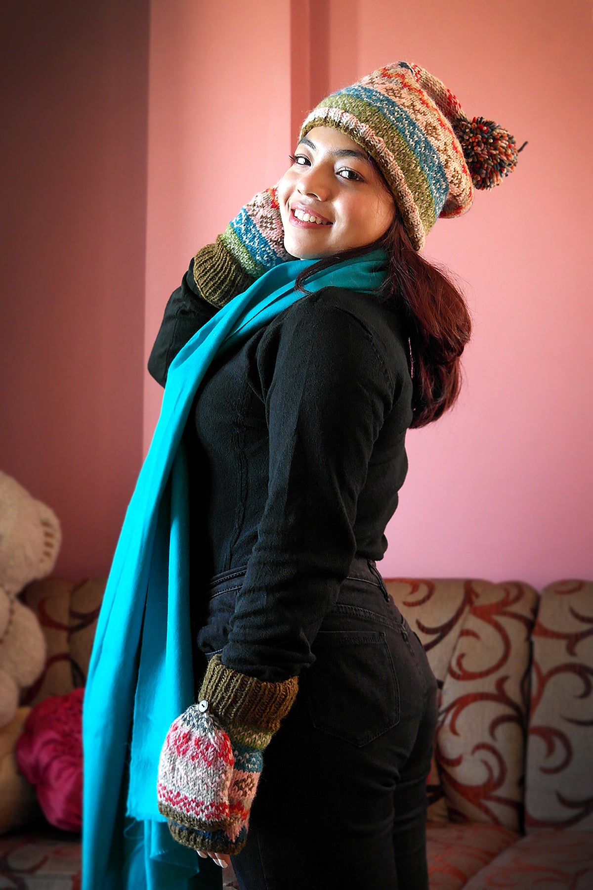 Womens Knit Winter Warm Pom Pom Beanie Hat Olive Green and Pink
