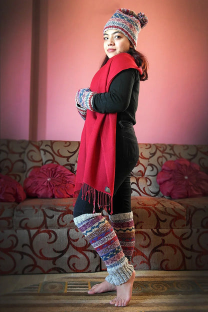 Grey blue and red mixed colors woolen leg warmers - Vajracrafts