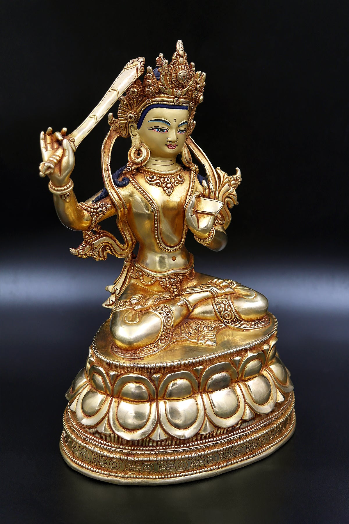 Golden Tibetan Manjushree Statue in double lotus 10"