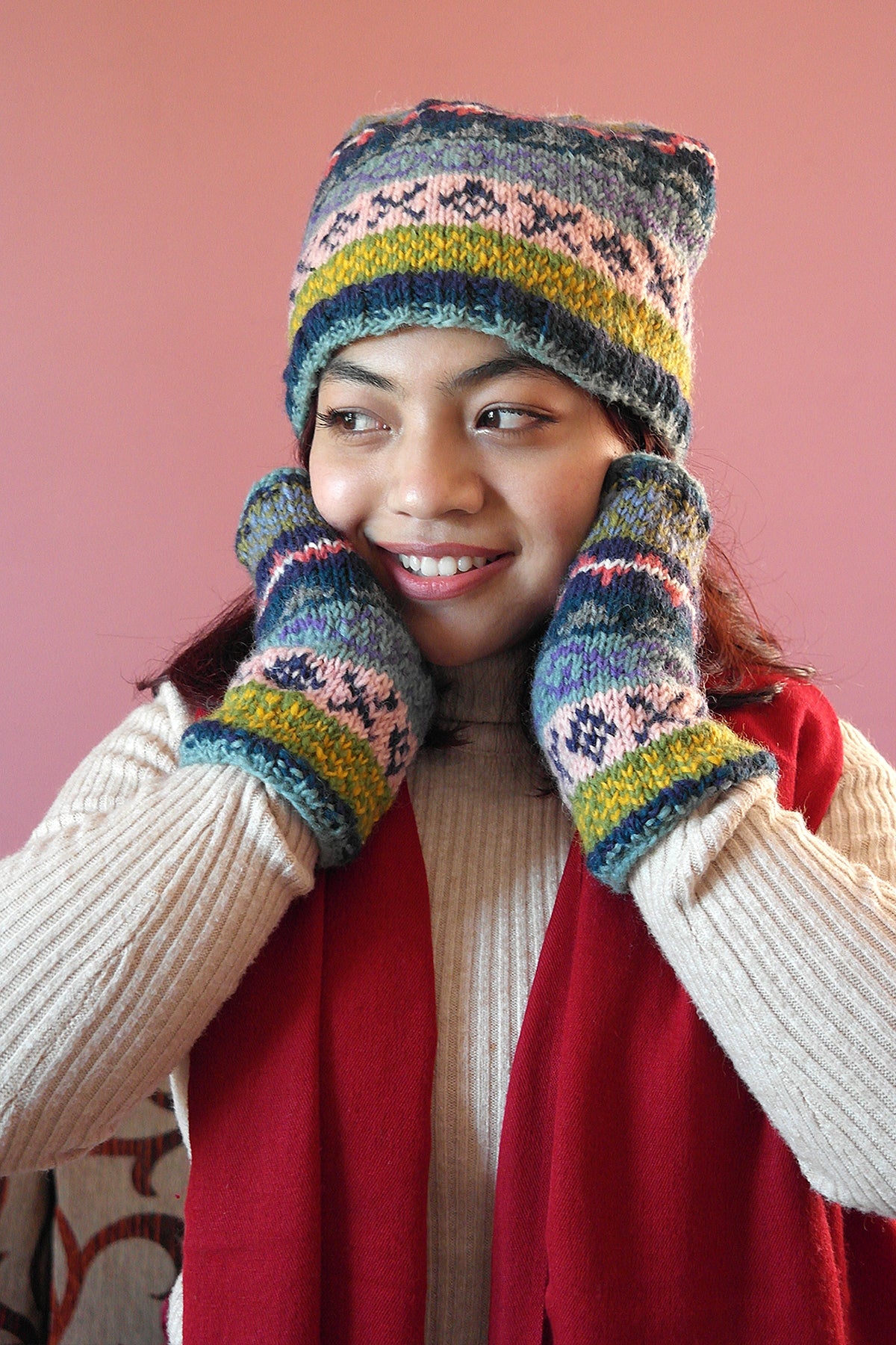 Hand Knitted Blue pink and Multi Colored Woolen Hand Warmers