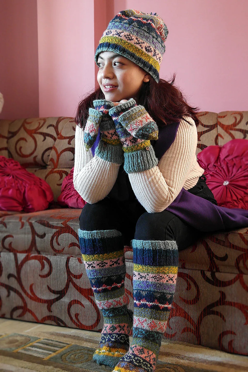 Blue Pink Yellow mixed color Woolen Knee High Socks - Vajracrafts
