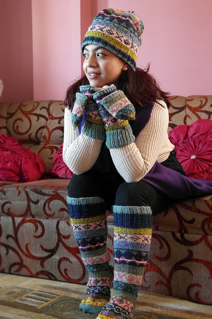 Blue Pink Yellow mixed color Woolen Knee High Socks - Vajracrafts