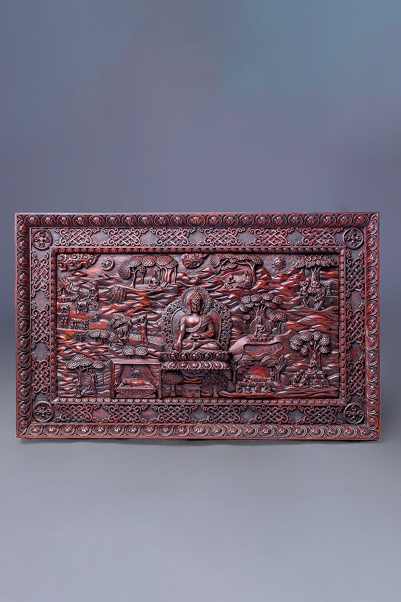 Buddha`s life carved Wooden Thangka Wall Art Décor