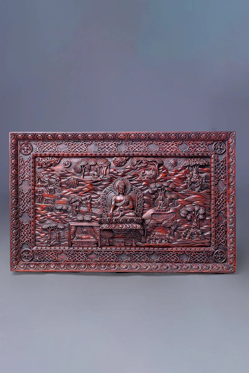 Buddha`s life carved Wooden Thangka Wall Art Décor - Vajracrafts